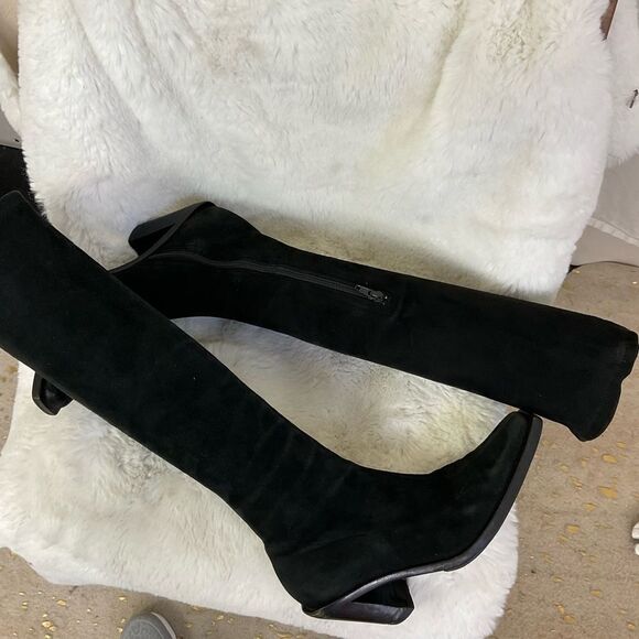 Ann Demeulemeester Suede Leather Square Toe Block Heel Knee High Boots Black 35 - Picture 7 of 15